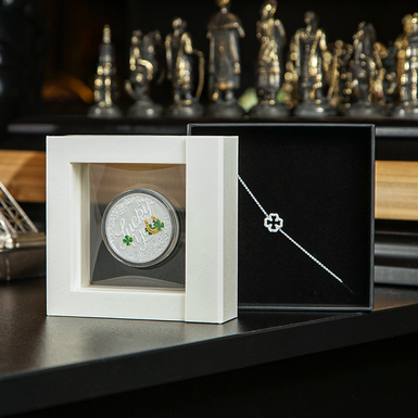 Gift set silver coin "Be happy", 1 dollar and silver bracelet "Clover" by Skultuna photo