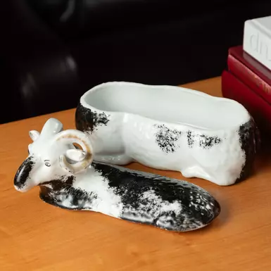 wow video Porcelain antique butter dish "Light ram"
