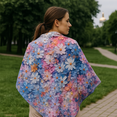 універсальна шовкова хустка з синіми квітами фото