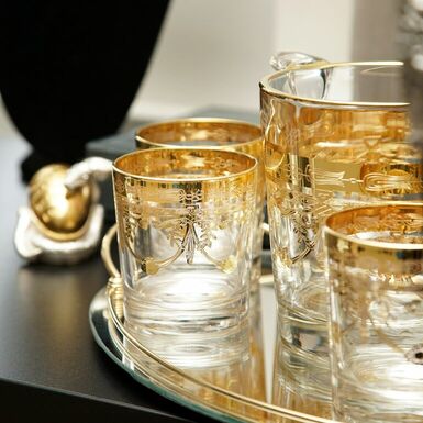 wow видео Набор стаканов для виски с ведром для льда и подносом из позолченной латуни