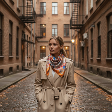 яскрава сучасна шовкова модна хустка цього сезону фото на моделі