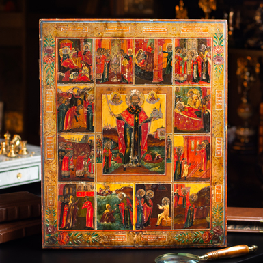Купить старинную икону Святого Николая со сценами его жизни