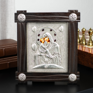 "Почаевская Божья Матерь" с посеребрением в деревянной раме фото