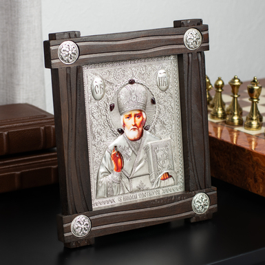 "Святой Николай Чудотворец" с посеребрением в деревянной раме фото