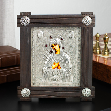 Икона "Богоматерь Семистрельная" с посеребрением в деревянной раме фото