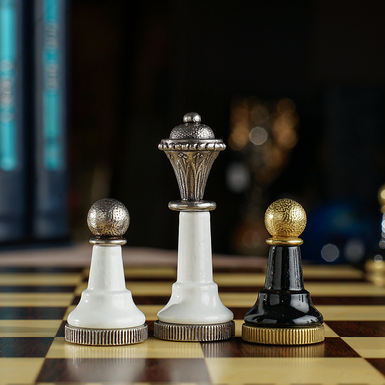 Chess with a wooden board photo