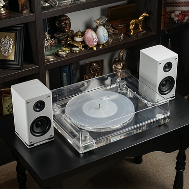 Photo of a record player with speakers